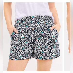 Loft Bird Print Fluid Pull On Linen Blend Shorts